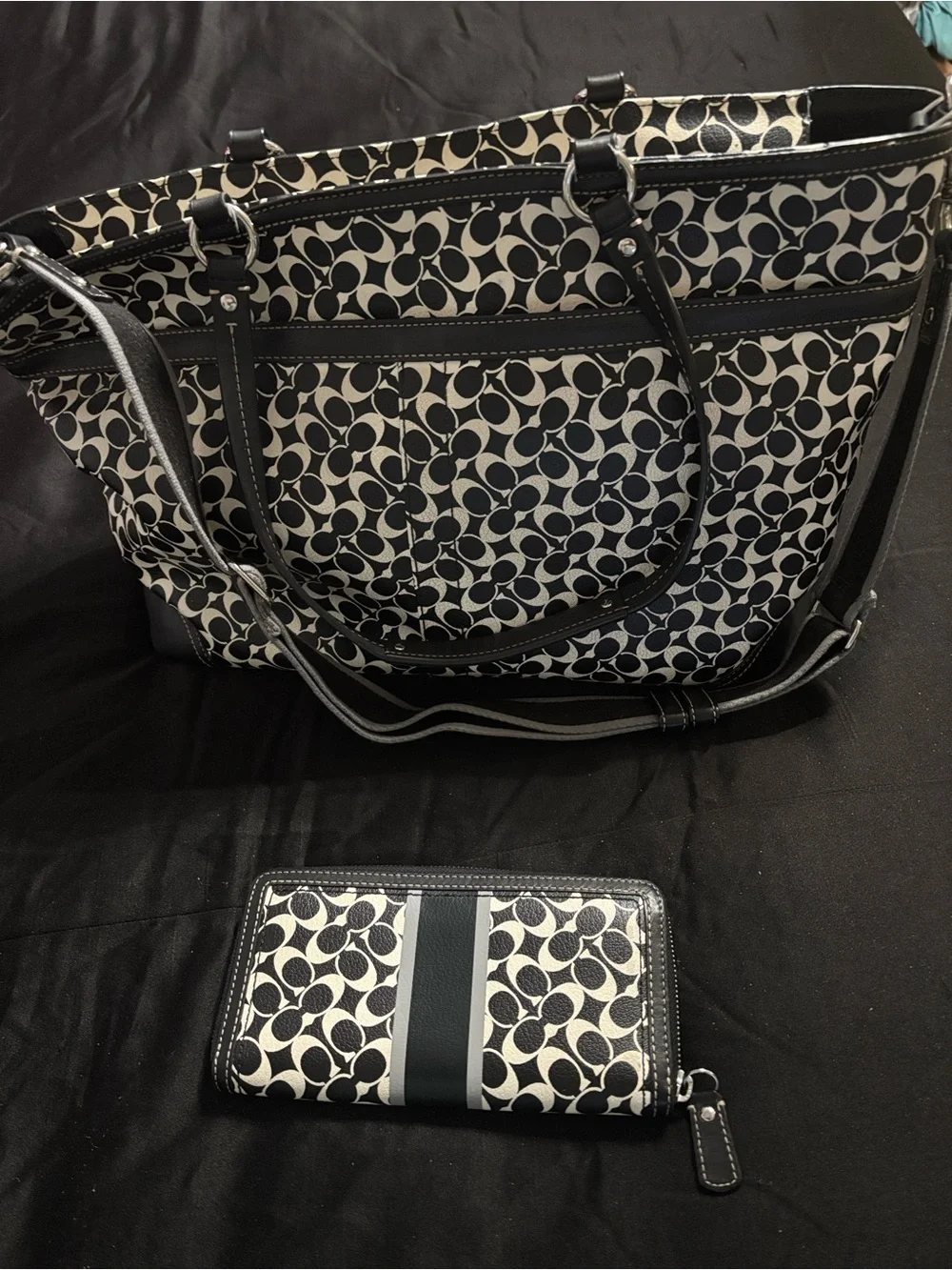Coach Black & Cream Signature Stripe Tote with Matching Wallet